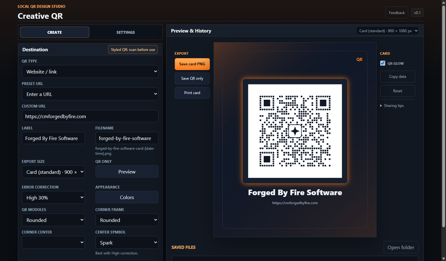 Creative QR app showing a styled QR card preview