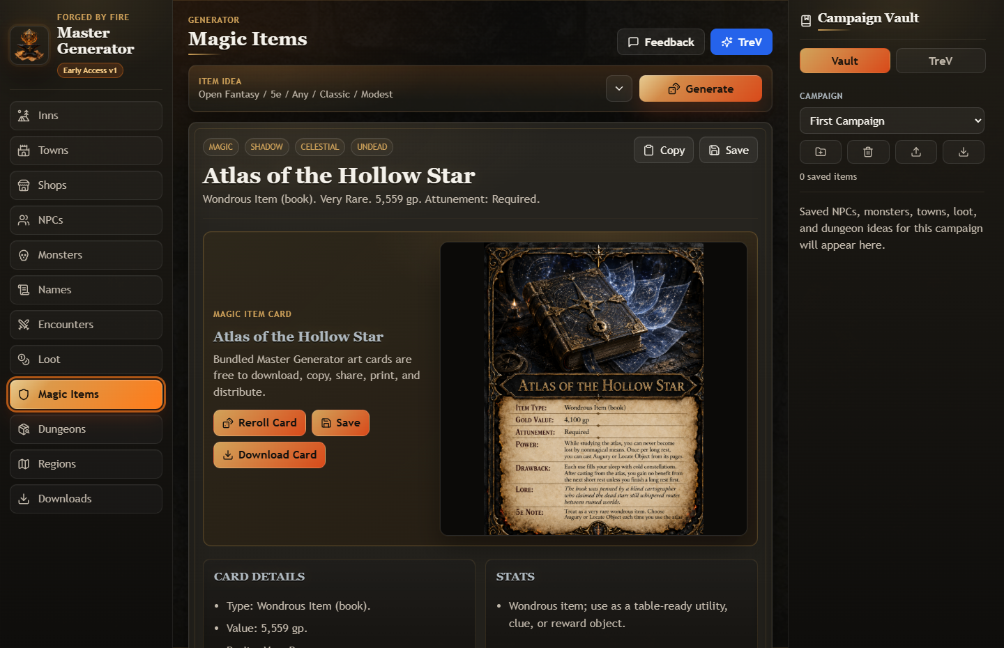 Master Generator magic item card and campaign tools